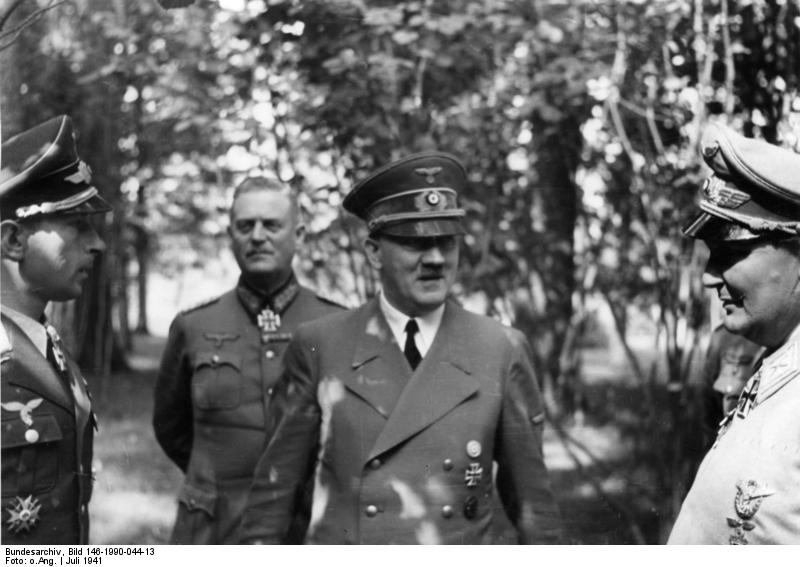 Adolf Hitler in conversation with Werner Mölders, Wilhelm Keitel, and Hermann Göring in his Wolfsschanze FHQ